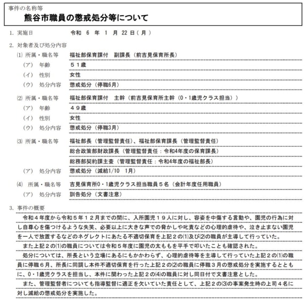 【12/25追記】熊谷市立吉見保育所の所長等が園児に暴言･暴行、保護者を侮辱する発言も