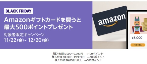 【Amazonブラックフライデー】ギフトカードを買うと最大500ポイントプレゼント